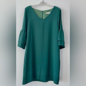 Emerald Green V-Neck Dress, 3/4 Bell Sleeve, Size S